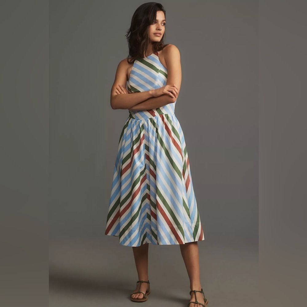 Anthropologie Maeve Cotton Striped halter neck midi dress